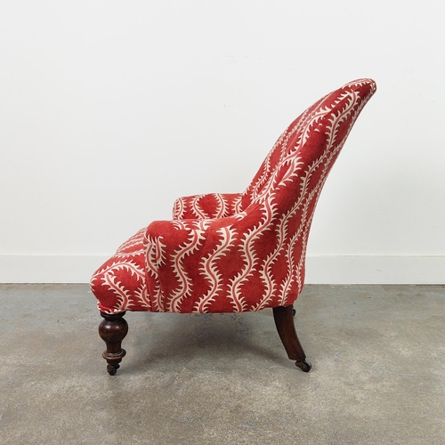 130 - SLIPPER CHAIR, 19th century walnut in red patterned upholstery on later castors, 73cm H x 63cm W x 6... 