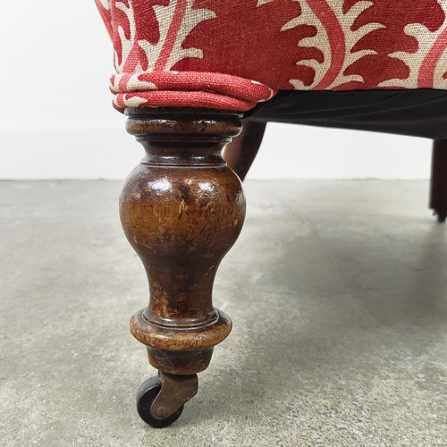 130 - SLIPPER CHAIR, 19th century walnut in red patterned upholstery on later castors, 73cm H x 63cm W x 6... 