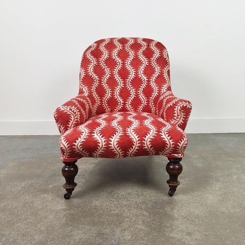 130 - SLIPPER CHAIR, 19th century walnut in red patterned upholstery on later castors, 73cm H x 63cm W x 6... 