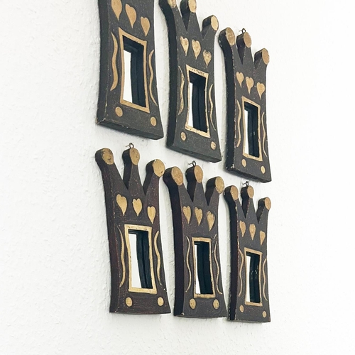 132 - WALL MIRRORS, a set of six, folk art style painted finish with gold heart detail, 26cm H x 14cm. (6)