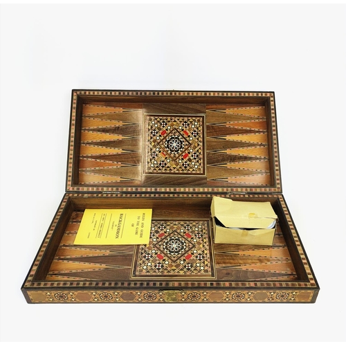 4 - BACKGAMMON SET, 20th century hardwood and inlaid, folding enclosed case with counters, 24.5cm x 49cm... 