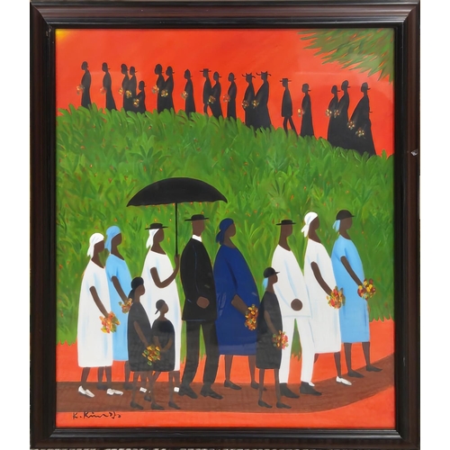 40 - AFTER ELLIS WILSON (1899-1977), 'Funeral procession', oil on canvas, 60cm x 49cm, framed.