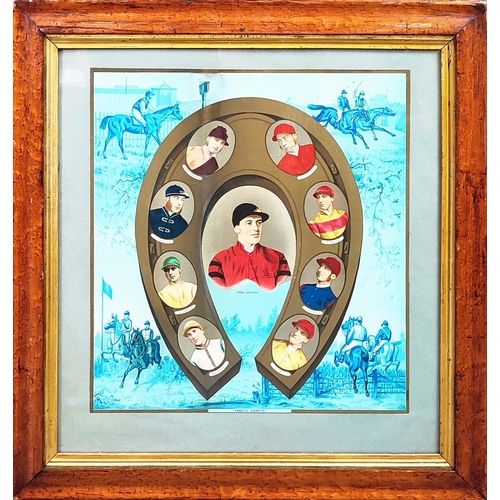 73 - FAMOUS JOCKEYS, a 19th century birds eye maple framed calendar cover, 55cm x 52cm, framed.