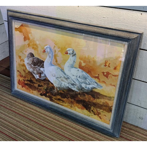 33 - VICKI HOPKINSON (20th century British), 'Geese', oil on canvas, 60cm x 90cm, framed.