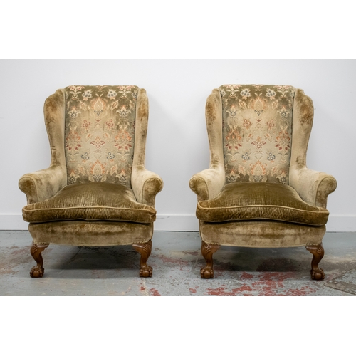 288 - WING ARMCHAIRS, a pair, Georgian style, in cut patterned brown velvet, 104cm H x 87cm x 92cm. (2) (i... 