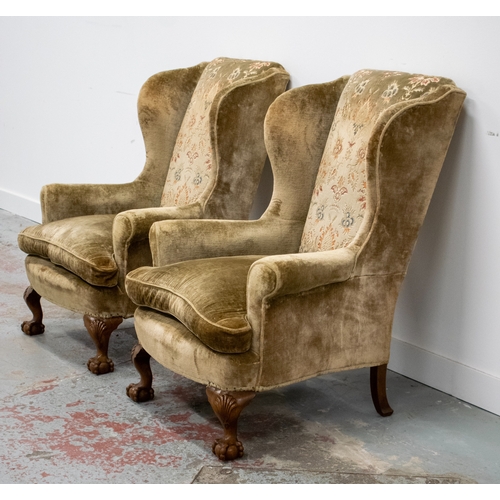 288 - WING ARMCHAIRS, a pair, Georgian style, in cut patterned brown velvet, 104cm H x 87cm x 92cm. (2) (i... 