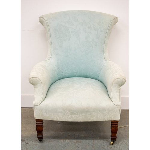 289 - ARMCHAIR, Victorian walnut in duck egg blue floral fabric on brass castors, 90cm H x 71cm x 74cm. (u... 