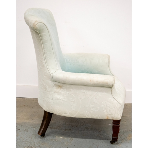 289 - ARMCHAIR, Victorian walnut in duck egg blue floral fabric on brass castors, 90cm H x 71cm x 74cm. (u... 