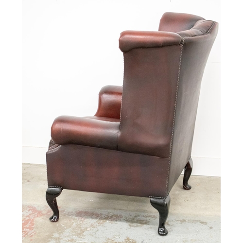 291 - WING ARMCHAIR, Georgian style burgundy leather, 101cm H x 80cm x 84cm. (imperfections)