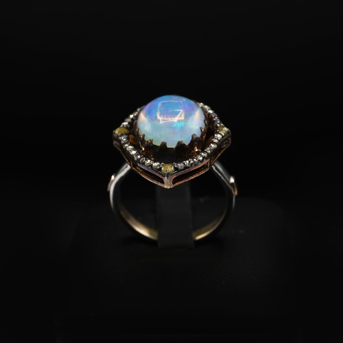 30 - Silver gilt dress ring set with oval cabochon opal and yellow rose cut diamonds and white rose cut d... 