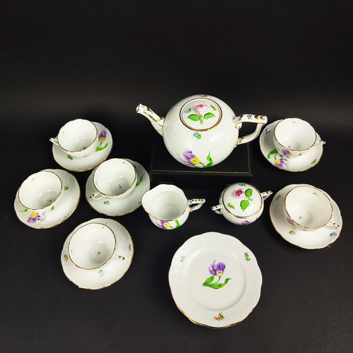 1 - HEREND TEA SERVICE, six place setting, comprising a teapot, milk jug, sugar bowl and six cups and sa... 