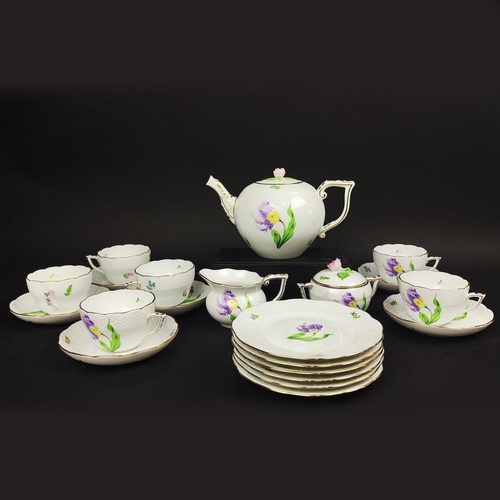 1 - HEREND TEA SERVICE, six place setting, comprising a teapot, milk jug, sugar bowl and six cups and sa... 