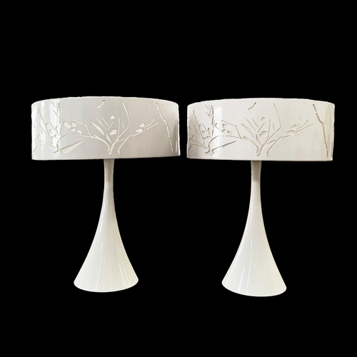 277 - TABLE LAMPS, a pair, white metal with circular shades with pierced tree decoration, 64cm H x 80cm W.... 