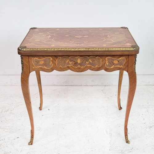 278 - CARD TABLE, Louis XV style marquetry and brass mounted with hinged green baize top and end drawer, 7... 