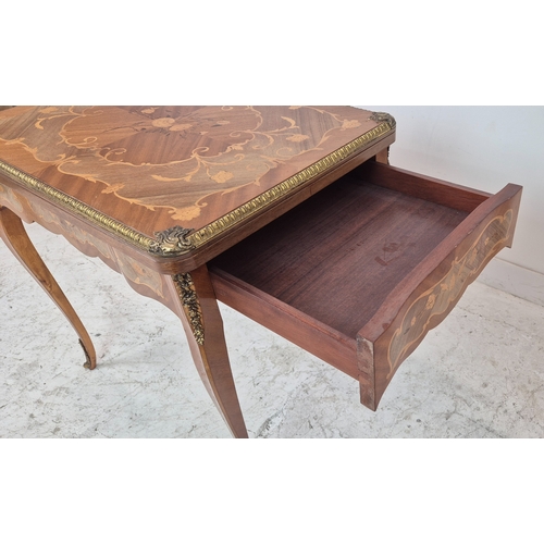 278 - CARD TABLE, Louis XV style marquetry and brass mounted with hinged green baize top and end drawer, 7... 