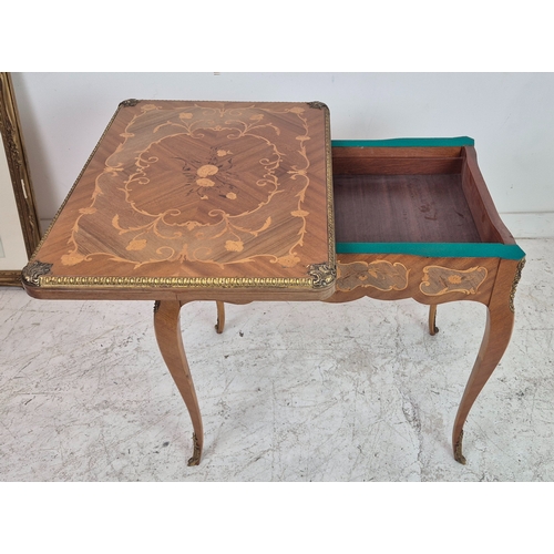 278 - CARD TABLE, Louis XV style marquetry and brass mounted with hinged green baize top and end drawer, 7... 