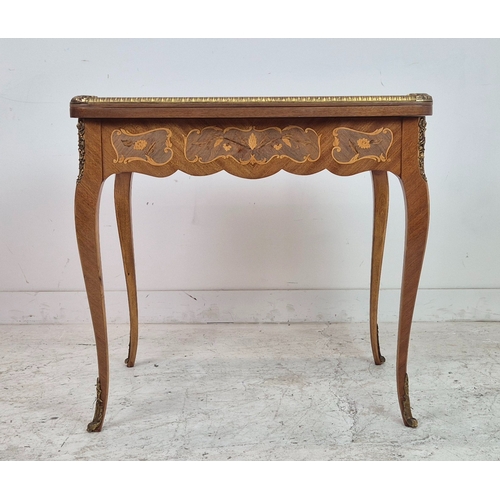 278 - CARD TABLE, Louis XV style marquetry and brass mounted with hinged green baize top and end drawer, 7... 