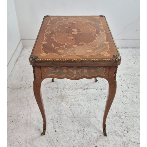 278 - CARD TABLE, Louis XV style marquetry and brass mounted with hinged green baize top and end drawer, 7... 