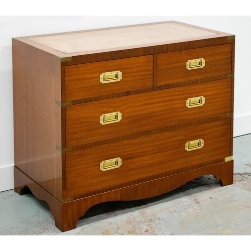 284 - CHEST, Campaign style mahogany and brass bound with leather top and four drawers, 76cm H x 95cm x 51... 