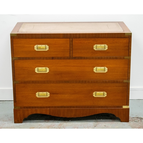 284 - CHEST, Campaign style mahogany and brass bound with leather top and four drawers, 76cm H x 95cm x 51... 