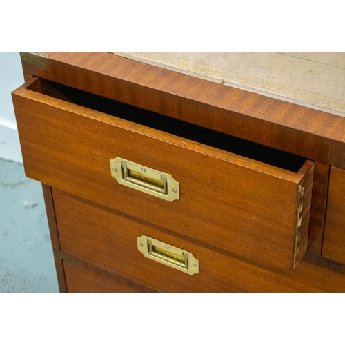 284 - CHEST, Campaign style mahogany and brass bound with leather top and four drawers, 76cm H x 95cm x 51... 