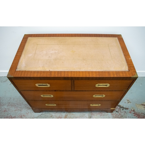 284 - CHEST, Campaign style mahogany and brass bound with leather top and four drawers, 76cm H x 95cm x 51... 