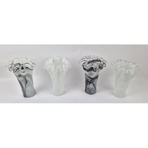 14 - MURANO STYLE GLASS VASES, a set of four differing, two black and white, two just white, 30.5cm H at ... 