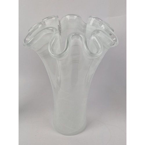 14 - MURANO STYLE GLASS VASES, a set of four differing, two black and white, two just white, 30.5cm H at ... 