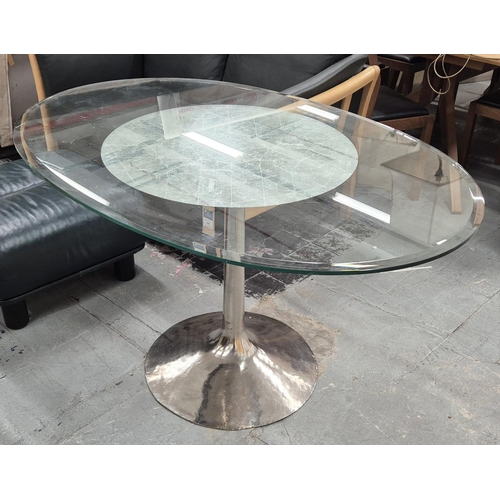 493 - JULIAN CHICHESTER CUSTOM DAKOTA TABLE, with a small oval glass top over an eglomise panel, 130cm x 9... 