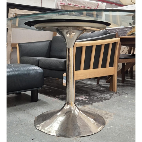 493 - JULIAN CHICHESTER CUSTOM DAKOTA TABLE, with a small oval glass top over an eglomise panel, 130cm x 9... 