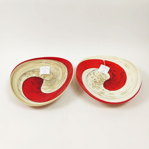 22 - YALOS MURANO GLASS BOWLS, a pair, white and red swirl design, 39cm L x 35.5cm approx each. (2)