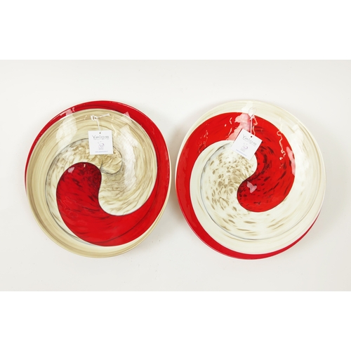 22 - YALOS MURANO GLASS BOWLS, a pair, white and red swirl design, 39cm L x 35.5cm approx each. (2)