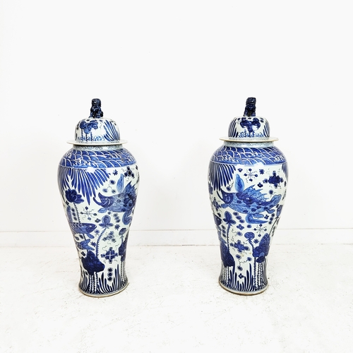 485 - TEMPLE JARS, a pair, large, blue and white ceramic, 112cm H x 40cm. (2)