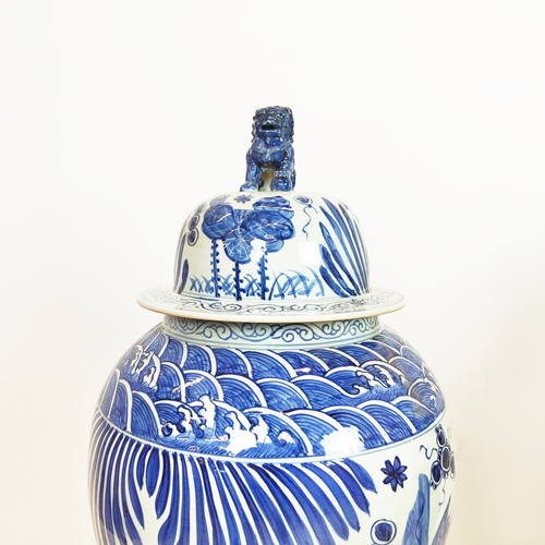 485 - TEMPLE JARS, a pair, large, blue and white ceramic, 112cm H x 40cm. (2)