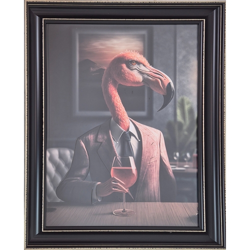 486 - CONTEMPORARY SCHOOL FLAMINGO PRINT, suited and drinking rosé, framed and glazed, 108cm H x 76cm W.