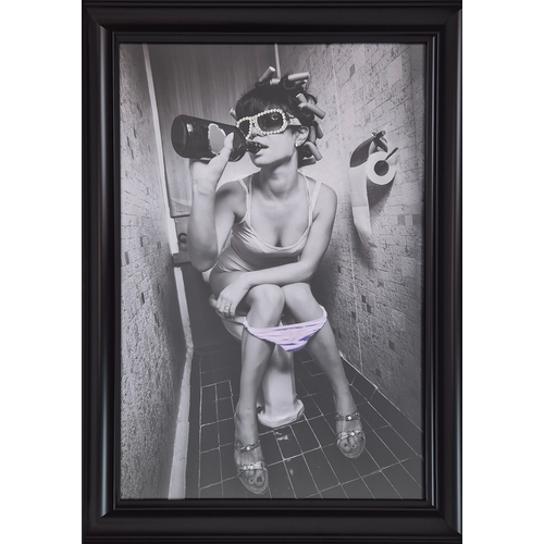 481 - CONTEMPORARY SCHOOL PRINT, girl on lavatory, framed and glazed, 106cm H x 75cm.