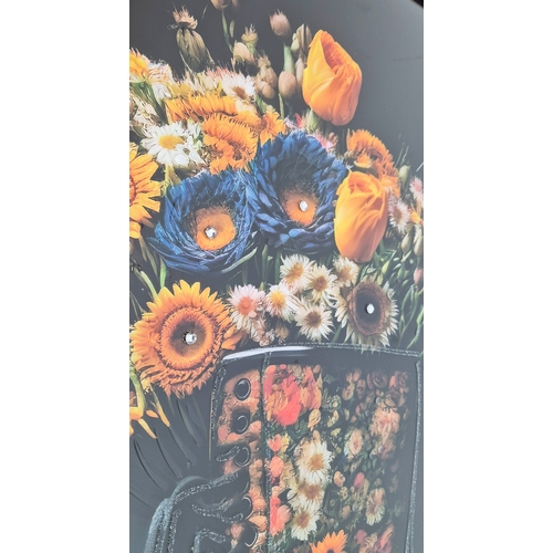 483 - CONTEMPORARY SCHOOL PRINT, bouquet of flowers in a boot, framed and glazed, 107cm H x 76cm.