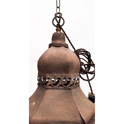 515 - A PAIR OF HANGING WALL LANTERN LIGHTS, antiqued oxidised frames, hexagonal frames, 75cm H. (2)