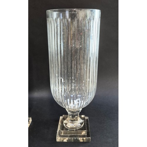 471 - HURRICANE LAMPS, a pair, fluted cut glass, 41cm H. (2)