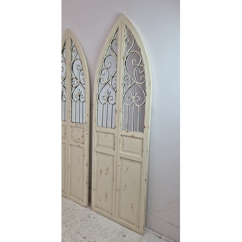 472 - GOTHIC STYLE WALL MIRRORS, a pair, distressed painted wood frames, 180cm H x 57cm. (2)