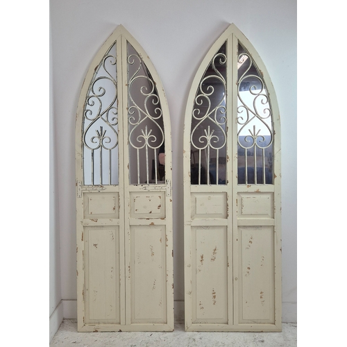 472 - GOTHIC STYLE WALL MIRRORS, a pair, distressed painted wood frames, 180cm H x 57cm. (2)