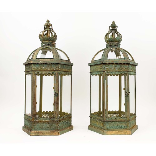 466 - LANTERNS, a pair, faux verdigris finish metal and glass with crown tops, 60cm H. (2)