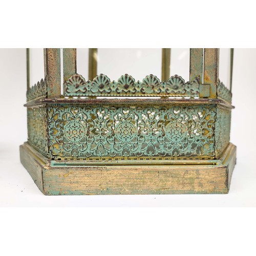 466 - LANTERNS, a pair, faux verdigris finish metal and glass with crown tops, 60cm H. (2)