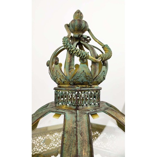 466 - LANTERNS, a pair, faux verdigris finish metal and glass with crown tops, 60cm H. (2)