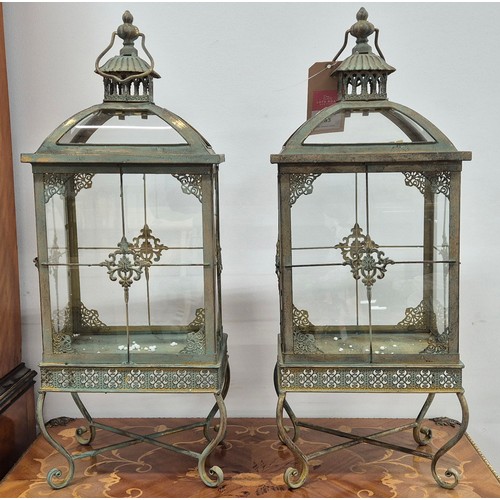 469 - LANTERNS, a pair, square verdigris finish metal and glass, 70cm H x 29cm x 21cm. (2)