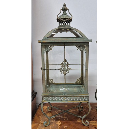 469 - LANTERNS, a pair, square verdigris finish metal and glass, 70cm H x 29cm x 21cm. (2)