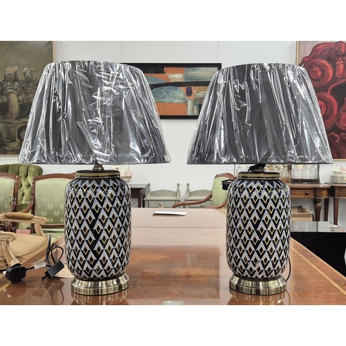 453 - TABLE LAMPS, a pair, glazed ceramic, with black shades, 60cm H approx. (2)