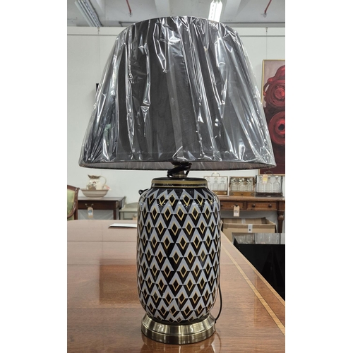 453 - TABLE LAMPS, a pair, glazed ceramic, with black shades, 60cm H approx. (2)