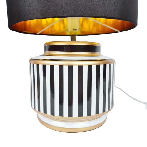 500 - TABLE LAMPS, a pair, glazed ceramic, striped design, with black shades, 45cm H approx. (2)