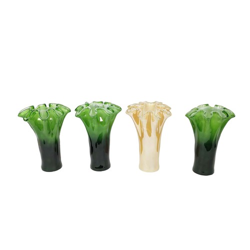 498 - MURANO STYLE GLASS VASES, a collection of four, 3 in green and 1 in peach, 30.5cm H at tallest appro... 